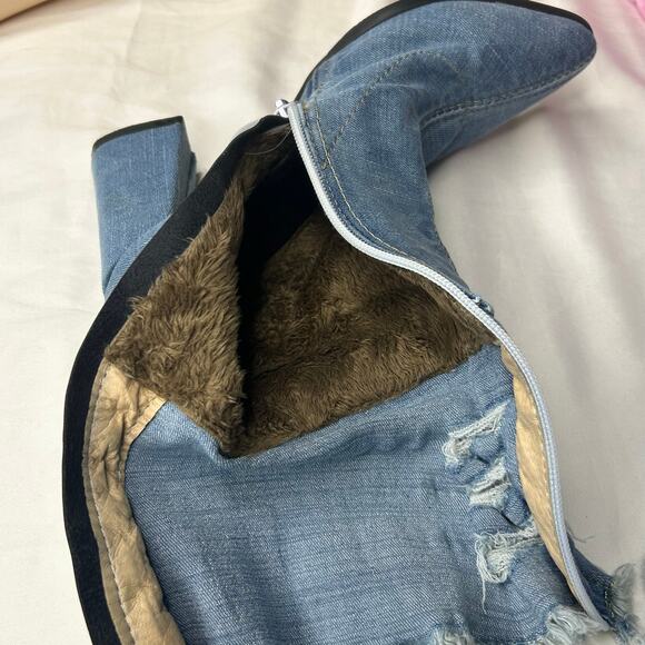 Y2K Denim Ankle Boots Distressed Frayed Pointed Toe Block Heel 38 - Picture 7 of 8